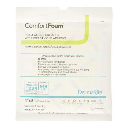 DermaRite Industries  44450 Foam Dressing ComfortFoam 4 X 5 Inch Without Border Film Backing Silicone Face Rectangle Sterile