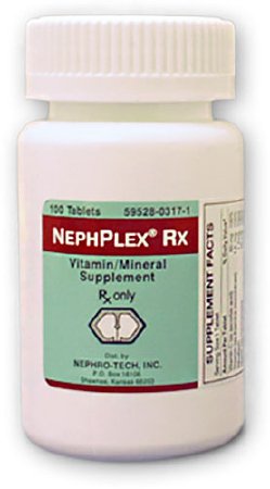 Nephron Pharmaceutical  59528031701 NephPlex RX Vitamin B Complex Vitamin B Complex No. 3 / Folic Acid / Biotin / Zinc 1 mg - 60 mg Tablet Bottle 100 Tablets