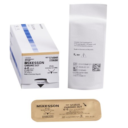 McKesson Brand S1654G Absorbable Suture with Needle McKesson Chromic Gut P-13 3/8 Circle Precision Reverse Cutting Needle Size 4 - 0