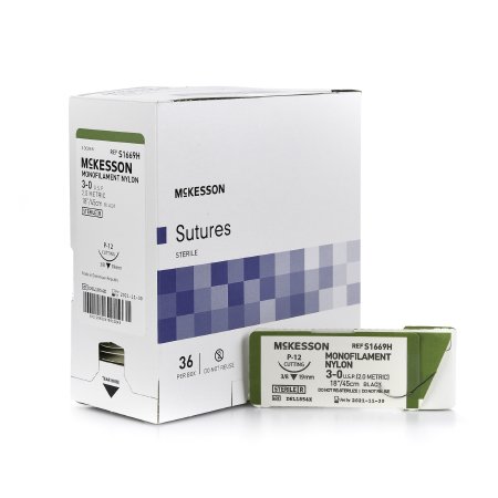 McKesson Brand S1669H Nonabsorbable Suture with Needle McKesson Nylon P-12 3/8 Circle Precision Reverse Cutting Needle Size 3 - 0 Monofilament