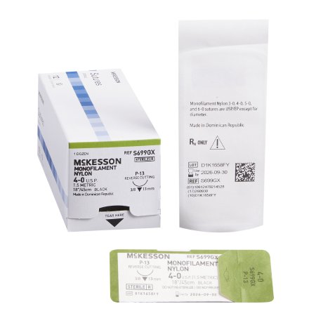 McKesson Brand S699GX Nonabsorbable Suture with Needle McKesson Nylon P-13 3/8 Circle Precision Reverse Cutting Needle Size 4 - 0 Monofilament