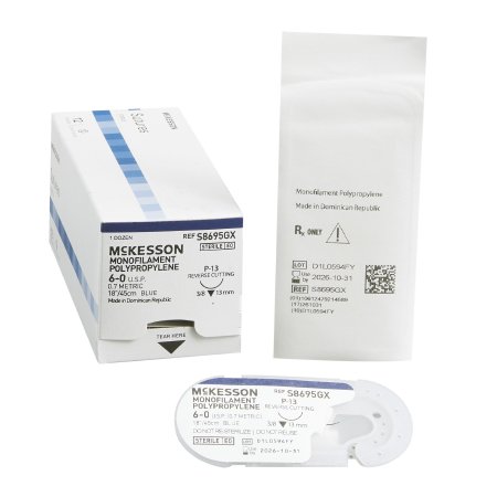 McKesson Brand S8695GX Nonabsorbable Suture with Needle McKesson Polypropylene P-13 3/8 Circle Precision Reverse Cutting Needle Size 6 - 0 Monofilament