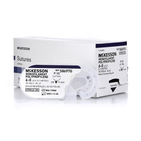 McKesson Brand S8697G Nonabsorbable Suture with Needle McKesson Polypropylene P-10 3/8 Circle Precision Reverse Cutting Needle Size 6 - 0 Monofilament