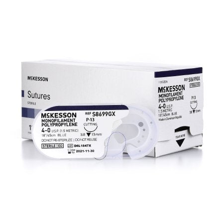 McKesson Brand S8699GX Nonabsorbable Suture with Needle McKesson Polypropylene P-13 3/8 Circle Precision Reverse Cutting Needle Size 4 - 0 Monofilament