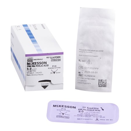 McKesson Brand SJ493GX Absorbable Suture with Needle McKesson Polyglycolic Acid P-13 3/8 Circle Precision Reverse Cutting Needle Size 5 - 0 Braided