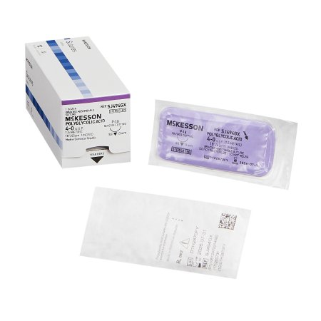 McKesson Brand SJ494GX Absorbable Suture with Needle McKesson Polyglycolic Acid P-13 3/8 Circle Precision Reverse Cutting Needle Size 4 - 0 Braided