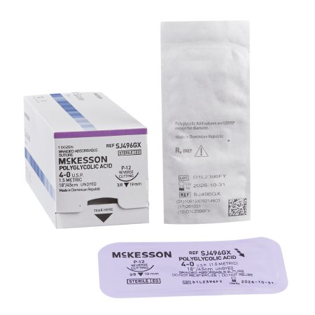 McKesson Brand SJ496GX Absorbable Suture with Needle McKesson Polyglycolic Acid P-12 3/8 Circle Precision Reverse Cutting Needle Size 4 - 0 Braided