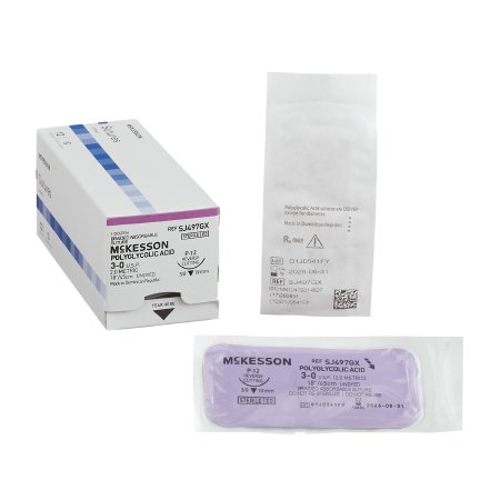 McKesson Brand SJ497GX Absorbable Suture with Needle McKesson Polyglycolic Acid P-12 3/8 Circle Precision Reverse Cutting Needle Size 3 - 0 Braided