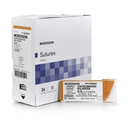 McKesson Brand SX556H Nonabsorbable Suture with Needle McKesson Polyester CV-331 1/2 Circle Taper Point Needle Size 5 - 0 Braided