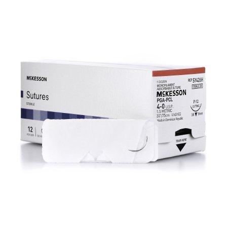 McKesson Brand SY426H Absorbable Suture with Needle McKesson Polyglycolic Acid / PCL P-12 3/8 Circle Precision Reverse Cutting Needle Size 4 - 0 Monofilament