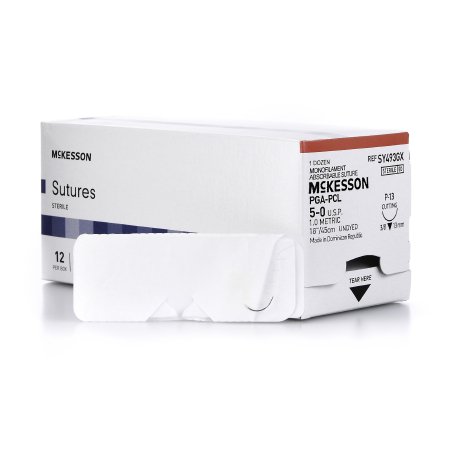 McKesson Brand SY493GX Absorbable Suture with Needle McKesson Polyglycolic Acid / PCL P-13 3/8 Circle Precision Reverse Cutting Needle Size 5 - 0 Monofilament