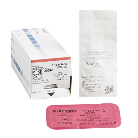 McKesson Brand SY494GX Absorbable Suture with Needle McKesson Polyglycolic Acid / PCL P-13 3/8 Circle Precision Reverse Cutting Needle Size 4 - 0 Monofilament