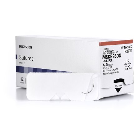 McKesson Brand SY496GX Absorbable Suture with Needle McKesson Polyglycolic Acid / PCL P-12 3/8 Circle Precision Reverse Cutting Needle Size 4 - 0 Monofilament