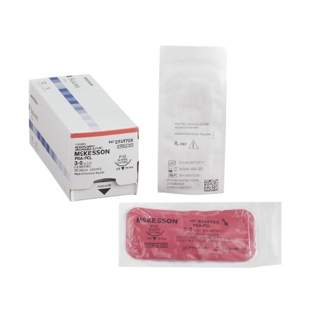 McKesson Brand SY497GX Absorbable Suture with Needle McKesson Polyglycolic Acid / PCL P-12 3/8 Circle Precision Reverse Cutting Needle Size 3 - 0 Monofilament