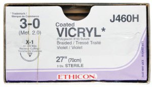 J & J Healthcare Systems  J460H Absorbable Suture with Needle Coated Vicryl Polyglactin 910 X-1 1/2 Circle Reverse Cutting Needle Size 3 - 0 Braided