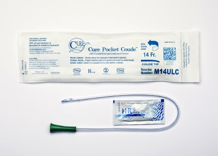 Cure Medical  M14ULC Urethral Catheter Cure Pocket Cath Coude Tip Uncoated PVC 14 Fr. 16 Inch