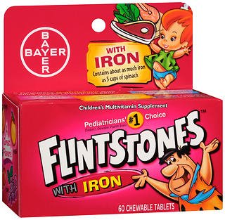 Bayer  16500007909 Pediatric Multivitamin Supplement Flintstones with Iron Vitamin A / Ascorbic Acid / Vitamin D / Iron 1300 IU - 60mg - 600 - 15 IU Chewable Tablet 60 per Bottle Assorted Fruit Flavors