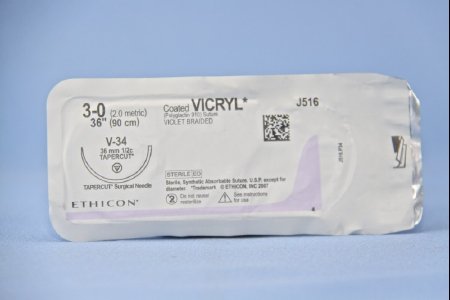 J & J Healthcare Systems  J516H Absorbable Suture with Needle Coated Vicryl Polyglactin 910 V-34 1/2 Circle Taper Cutting Needle Size 3 - 0 Braided