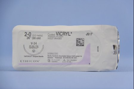 J & J Healthcare Systems  J517H Absorbable Suture with Needle Coated Vicryl Polyglactin 910 V-34 1/2 Circle Taper Cutting Needle Size 2 - 0 Braided