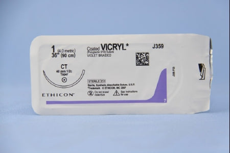 J & J Healthcare Systems  J359H Absorbable Suture with Needle Coated Vicryl Polyglactin 910 CT 1/2 Circle Taper Point Needle Size 1 Braided