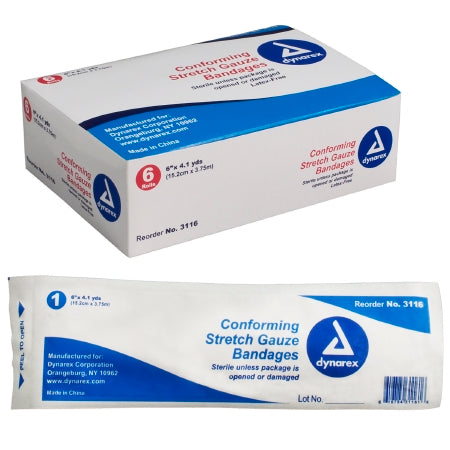 Dynarex  3116 Conforming Bandage Dynarex 6 Inch X 4-1/10 Yard 1 per Pouch Sterile 1-Ply Roll Shape