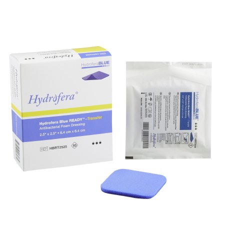 Hydrofera  HBRT2525 Antibacterial Foam Dressing Hydrofera BLUE READY-Transfer 2-1/2 X 2-1/2 Inch Without Border Without Film Backing Nonadhesive Square Sterile