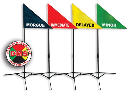 Disaster Management Systems  DMS-05012 Treatment Area Flag Kit (1)Red, Immediate Flag, (1) Yellow, Delayed Flag, (1) Green, Minor Flag, (1) Black, Morgue Flag, (4) Fold-Up Tripod Bases, (4) Telescopic Poles, (1)Durable Carry Bag