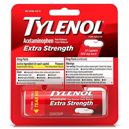 Johnson & Johnson Consumer  304490400 Pain Relief Tylenol Extra Strength 500 mg Strength Acetaminophen Caplet 10 per Bottle