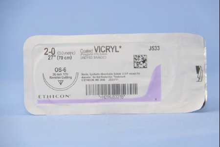 J & J Healthcare Systems  J533H Absorbable Suture with Needle Coated Vicryl Polyglactin 910 OS-6 1/2 Circle Reverse Cutting Needle Size 2 - 0 Braided