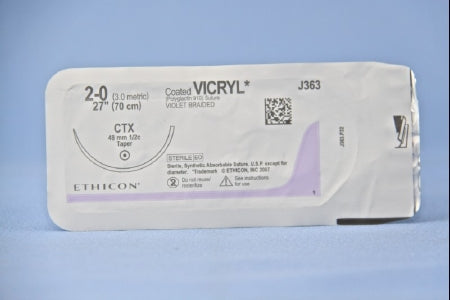 J & J Healthcare Systems  J363H Absorbable Suture with Needle Coated Vicryl Polyglactin 910 CTX 1/2 Circle Taper Point Needle Size 2 - 0 Braided