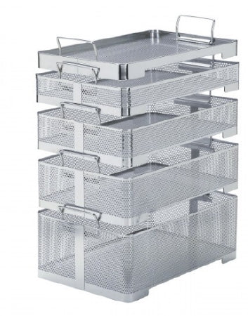 V. Mueller  BP2-1AS Genesis Sterilzation Basket 4/5 X 10 X 16 Inch Inside Dimension, 1-2/5 X 10-1/5 X 16-1/5 Inch Outside Dimension, Stainless Steel, Stacking, Perforated with Solid Sides, Standard Handles