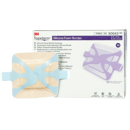 3M  90643 Foam Dressing 3M Tegaderm 2 X 2 Inch With Border Film Backing Silicone Adhesive Square Sterile