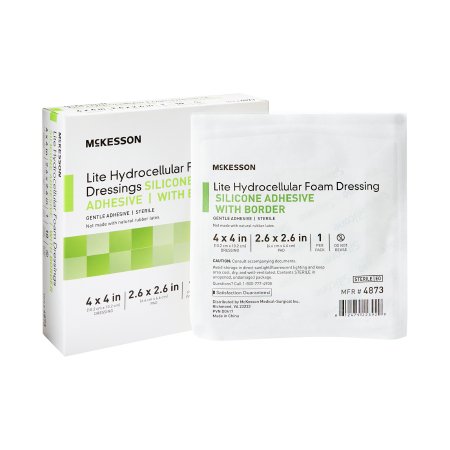 McKesson Brand 4873 Thin Foam Dressing McKesson Lite 4 X 4 Inch With Border Film Backing Silicone Gel Adhesive Square Sterile