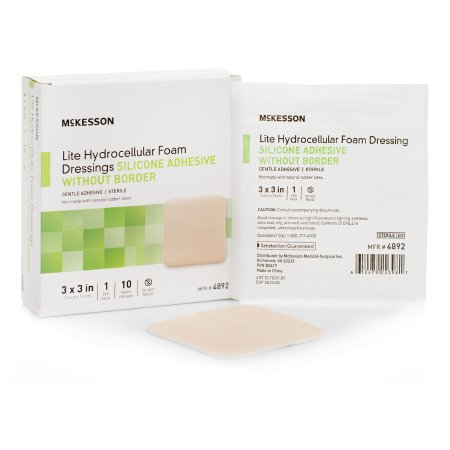 McKesson Brand 4892 Thin Foam Dressing McKesson Lite 3 X 3 Inch Without Border Film Backing Silicone Gel Adhesive Square Sterile