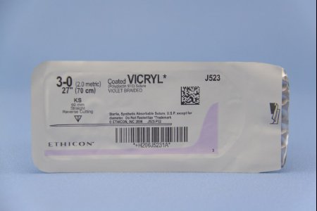 J & J Healthcare Systems  J523H Absorbable Suture with Needle Coated Vicryl Polyglactin 910 KS Straight Conventional Cutting Needle Size 3 - 0 Braided