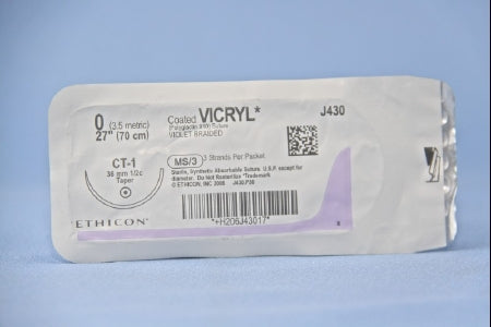 J & J Healthcare Systems  J430T Absorbable Suture with Needle Coated Vicryl Polyglactin 910 CT-1 1/2 Circle Taper Point Needle Size 0 Braided