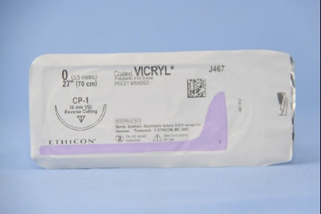 J & J Healthcare Systems  J467H Absorbable Suture with Needle Coated Vicryl Polyglactin 910 CP-1 1/2 Circle Reverse Cutting Needle Size 0 Braided