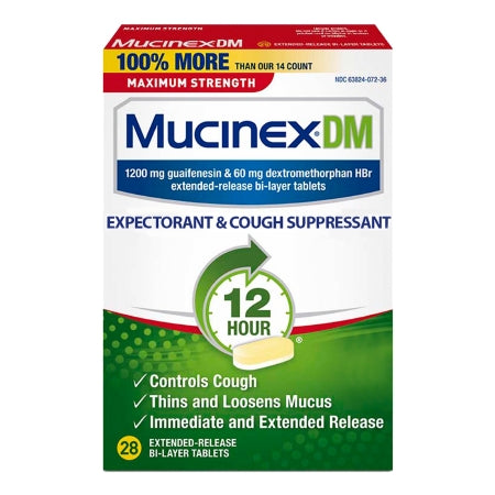 Reckitt Benckiser  63824007236 Cold and Cough Relief Mucinex DM 1,200 mg - 60 mg Strength Tablet 28 per Box