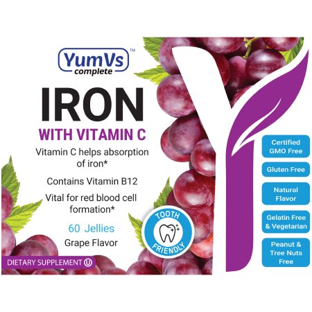 Geri-Care  9046-06-YMC Vitamin and Iron Supplement YumV's Ferrous Fumarate / Ascorbic Acid / Vitamin B12 / Folic Acid 10 mg - 30 mg - 2 mcg - 100 mcg Strength Gummy 60 per Bottle Grape Flavor