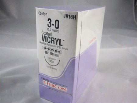 J & J Healthcare Systems  J916H Absorbable Suture with Needle Coated Vicryl Polyglactin 910 V-34 1/2 Circle Taper Cutting Needle Size 3 - 0 Braided