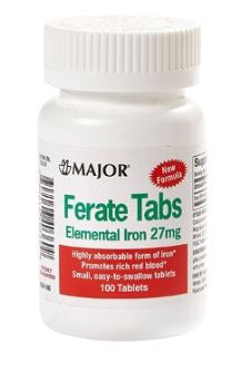 Major Pharmaceuticals  00904640360 Mineral Supplement Major Ferate Tabs Iron 27 mg Strength Tablet 100 per Bottle