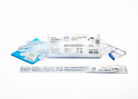 Cure Medical  HM14UK Intermittent Catheter Tray Cure Catheter U-Shape Straight Tip 14 Fr. Hydrophilic Coated PVC