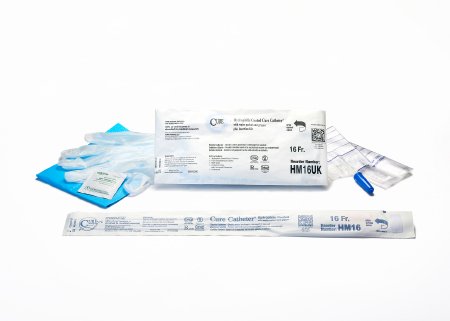 Cure Medical  HM16UK Intermittent Catheter Tray Cure Catheter U-Shape Straight Tip 16 Fr. Hydrophilic Coated PVC