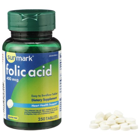 McKesson Brand 01093989344 Vitamin Supplement sunmark Folic Acid 400 mcg Strength Tablet 250 per Bottle