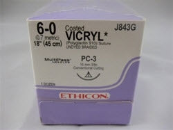 J & J Healthcare Systems  J843G Absorbable Suture with Needle Coated Vicryl Polyglactin 910 PC-3 3/8 Circle Precision Conventional Cutting Needle Size 6 - 0 Braided