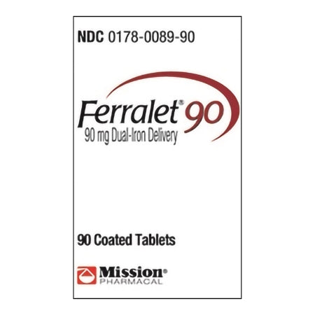 Mission Pharmaceutical  00178008990 Ferralet Iron Preparation Iron / Folic Acid / Vitamin B12 / Vitamin C / Docusate Sodium 90 mg - 1 mg - 12 mcg - 120 mg - 50 mg Tablet Bottle 90 Tablets