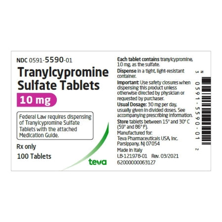 Teva  00591559001 tranylcypromine sulfate 10 mg Tablet Bottle 100 Tablets