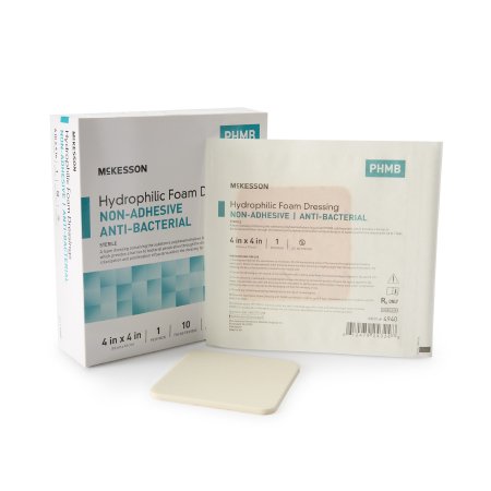 McKesson Brand 4940 Antibacterial Foam Dressing McKesson 4 X 4 Inch Without Border Waterproof Film Backing Nonadhesive Square Sterile