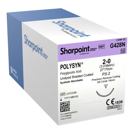 Surgical Specialties  G428N Absorbable Suture with Needle PolySyn Polyglycolic Acid PS-2 3/8 Circle Precision Reverse Cutting Needle Size 2 - 0 Braided