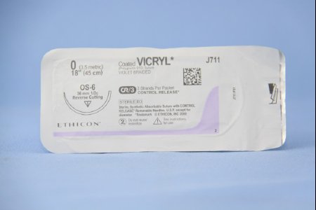 J & J Healthcare Systems  J711T Absorbable Suture with Needle Coated Vicryl Polyglactin 910 OS-6 1/2 Circle Reverse Cutting Needle Size 0 Braided